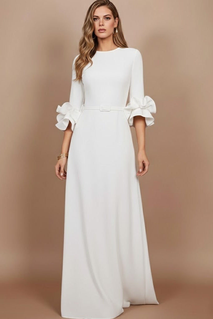 Scoop-Neck Half-Sleeves Floor-Length Ruffled Satin Pleated Fitted Mother of the Bride Dress