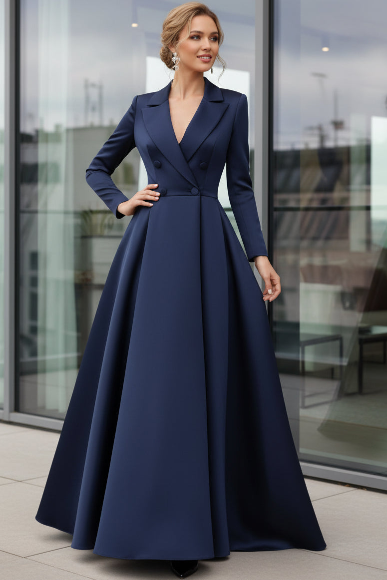 Collared V-Neck Long-Sleeves Satin Pleated Floor-Length A-Line Mother of the Bride Dress