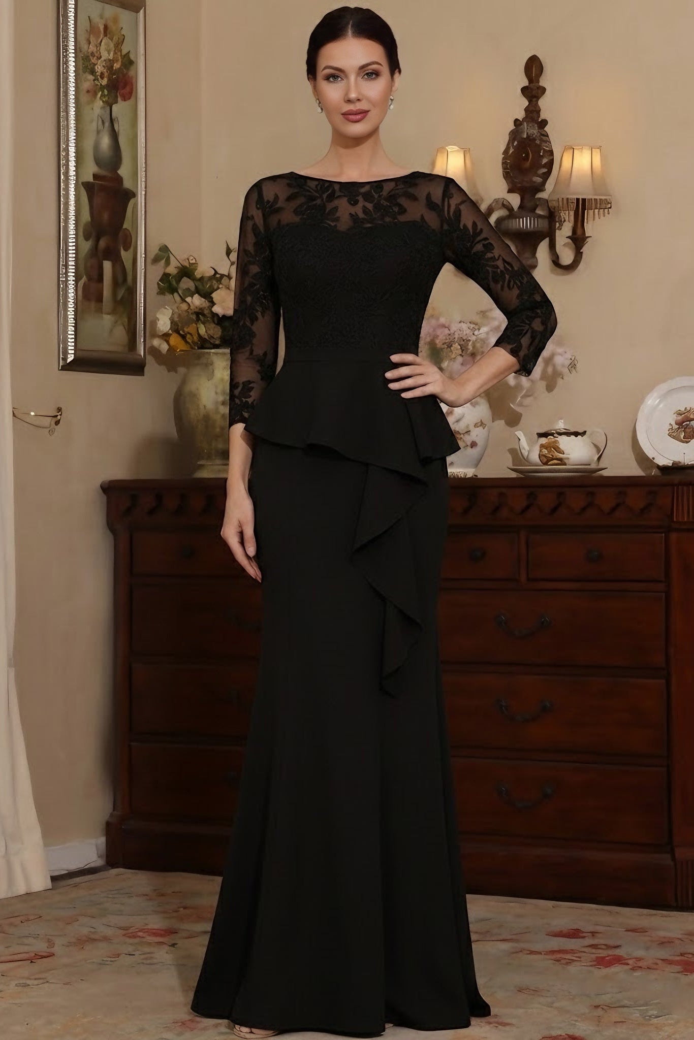 Scoop-Neck 3/4-Sleeves Floor-Length Jacquard Chiffon&Tulle Mermaid Mother of the Bride Dress