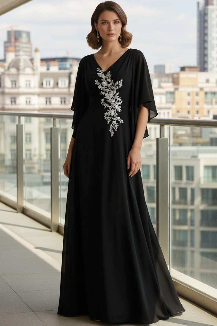 V-Neck Half-Sleeves Floor-Length Applique Chiffon Pleated Fitted Mother of the Bride Dress