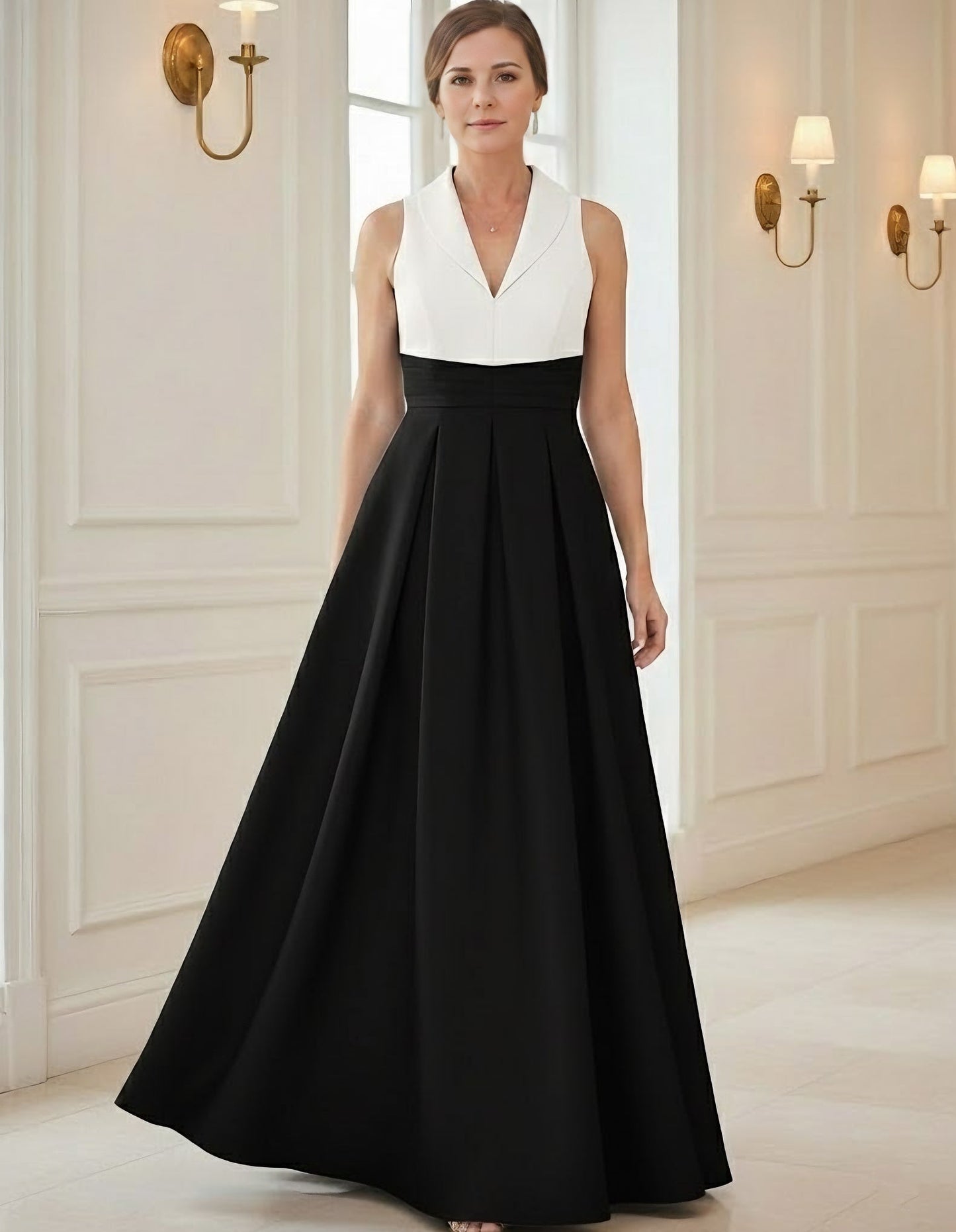 V-Neck Sleeveless Collared Two Tone Satin Floor-Length A-Line Mother of the Bride Dress