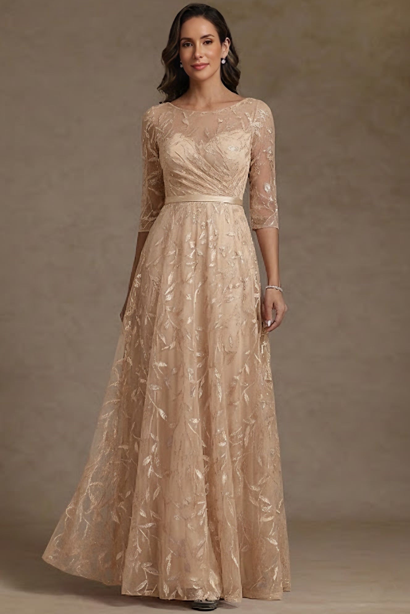 Scoop-Neck Half-Sleeves Sequined Applique Tulle Pleated A-Line Mother of the Bride Dress