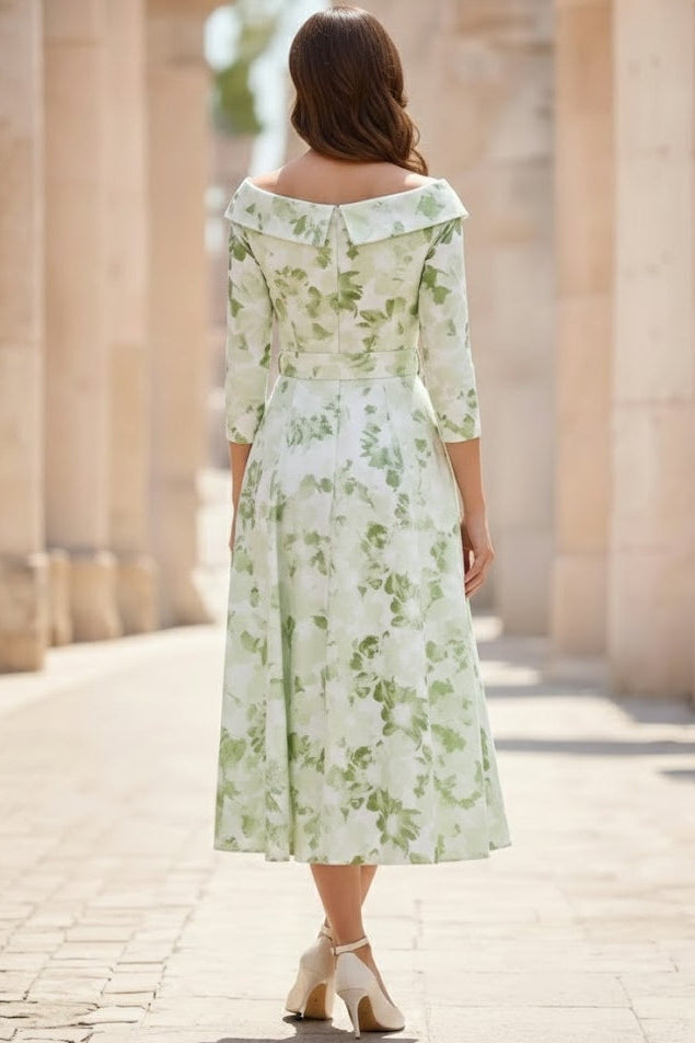 V-Neck 3/4-Sleeves Tea-Length Print-Chiffon Pleated A-Line Mother of the Bride Dress