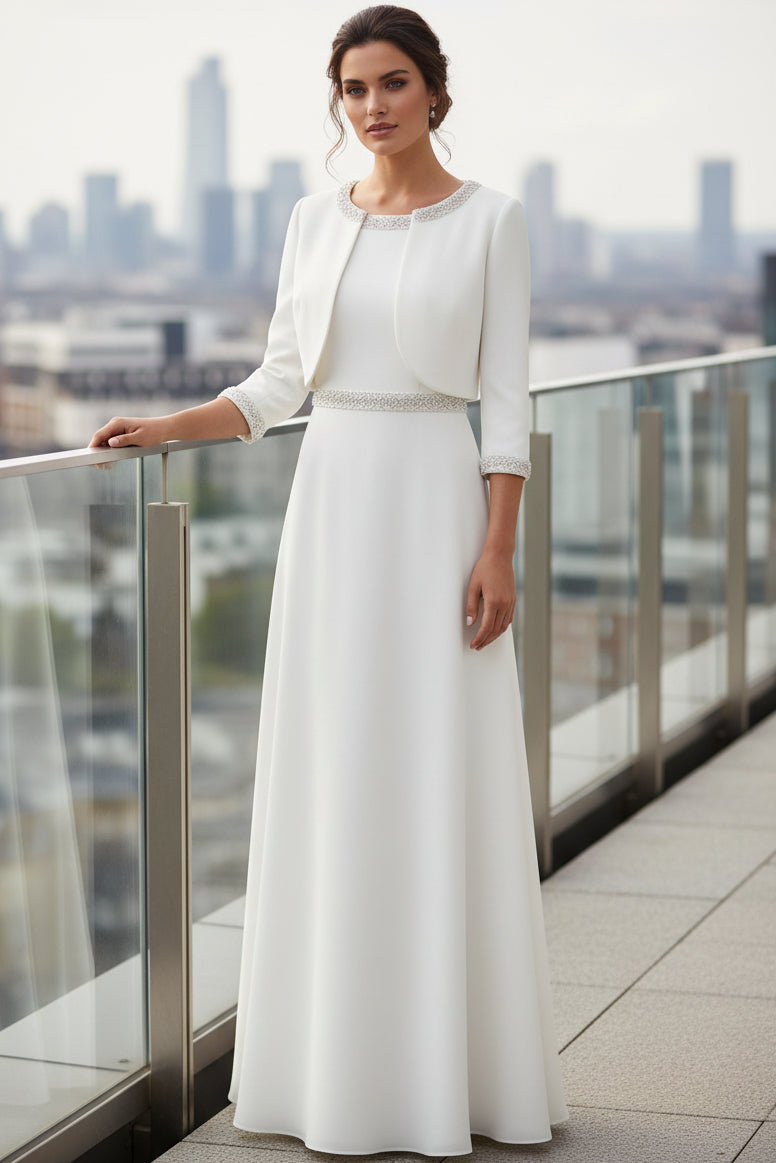 Scoop-Neck 3/4-Sleeves Floor-Length Beaded Satin A-Line Mother of the Bride Dress with Coat