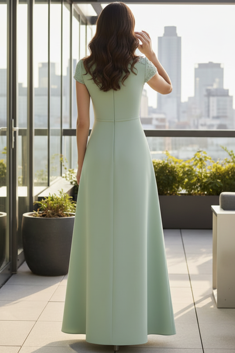 Scoop-Neck Cap-Sleeves Beaded Satin Floor-Length A-Line Mother of the Bride Dress