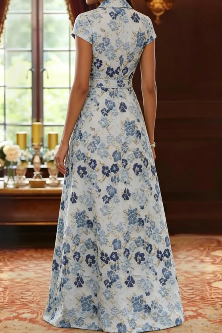 V-Neck Cap-Sleeves Jacquard Satin Pleated Floor-Length A-Line Mother of the Bride Dress