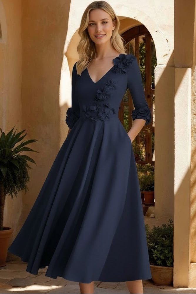V-Neck Half-Sleeves 3D-Floral Applique Satin Pleated Tea-Length A-Line Mother of the Bride Dress