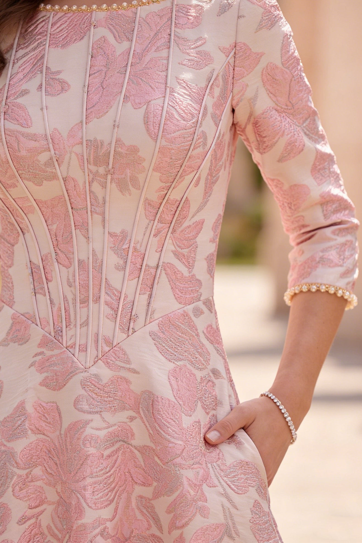 Scoop-Neck Ankle-Length Pearls Beaded Jacquard Satin A-Line Mother of the Bride Dress