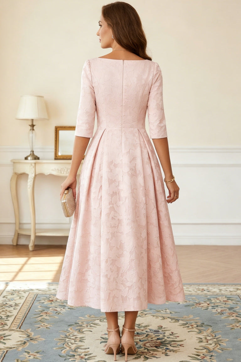 Tube Top 3/4-Sleeves Jacquard Satin Pleated Ankle-Length A-Line Mother of the Bride Dress