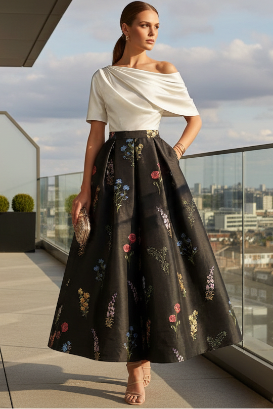 Asymmetrical-Neck Short-Sleeves Jacquard Satin Pleated Ankle-Length A-Line Cocktail Dress