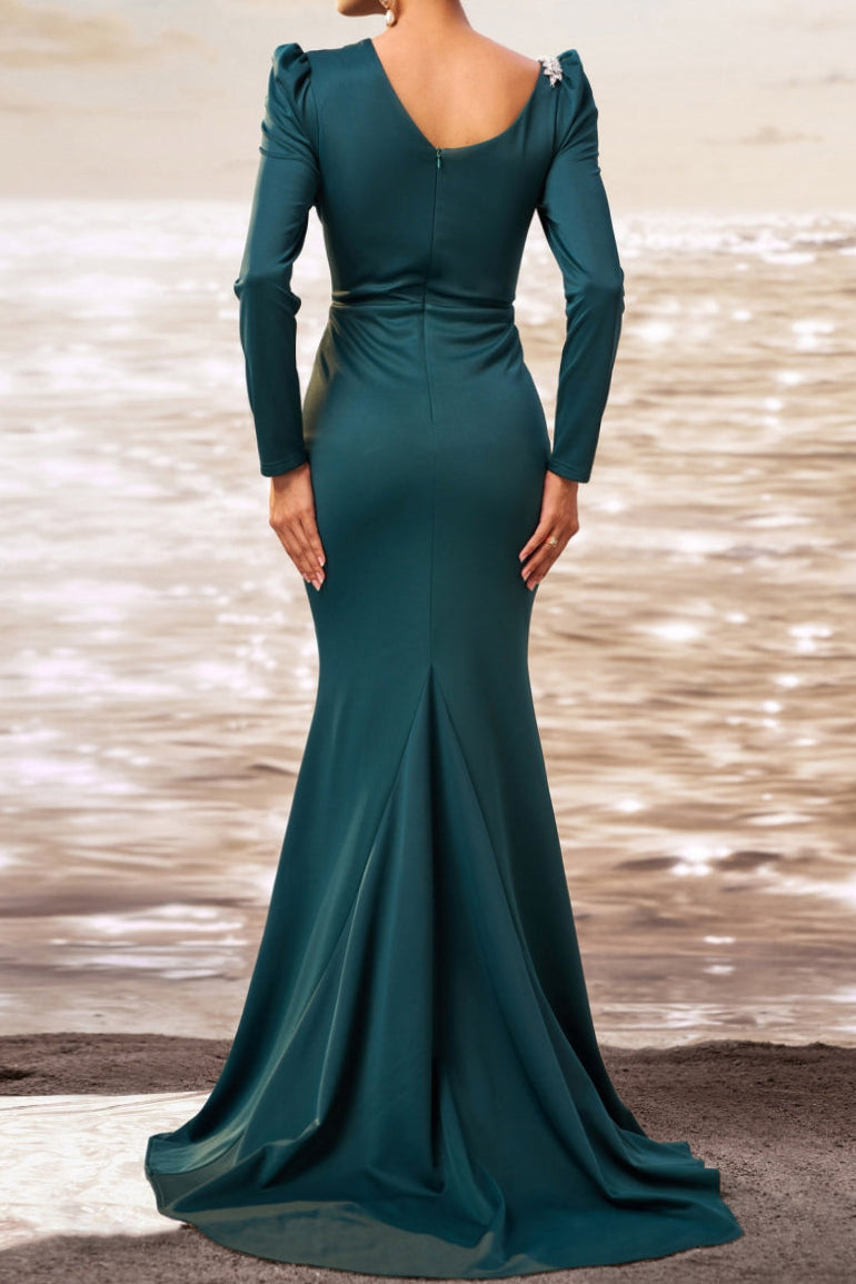Simple Asymmetrical-Neck Long-Sleeves Beaded Satin Pleated Slit Mermaid Evening Dress