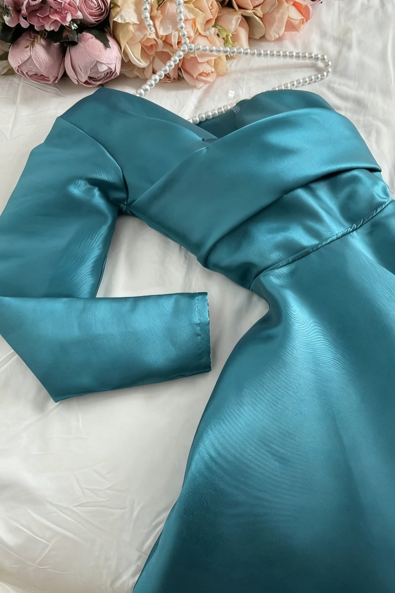 Asymmetrical-Neck One-Long-Sleeves Satin Pleated Ankle-Length A-Line Evening Dress