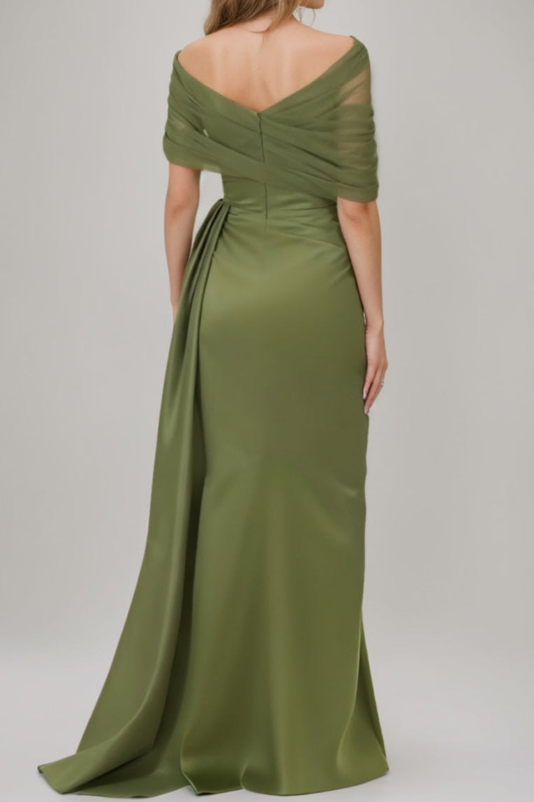 Asymmetrical-Neck Sleeveless Floor-Length Chiffon Pleated Mermaid Evening Dress with Slit