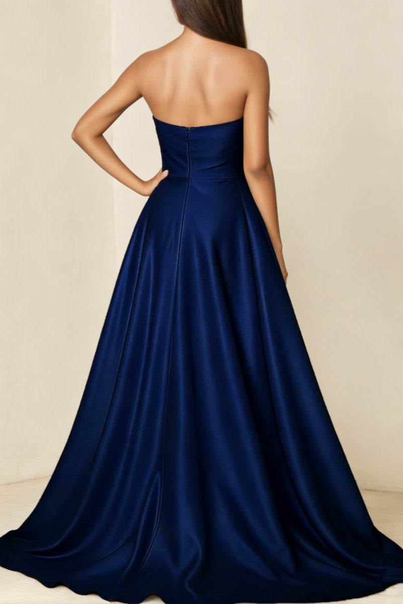 Asymmetrical-Neck Off-Shoulder Sleeveless Satin Pleated High Slit A-Line Evening Dress