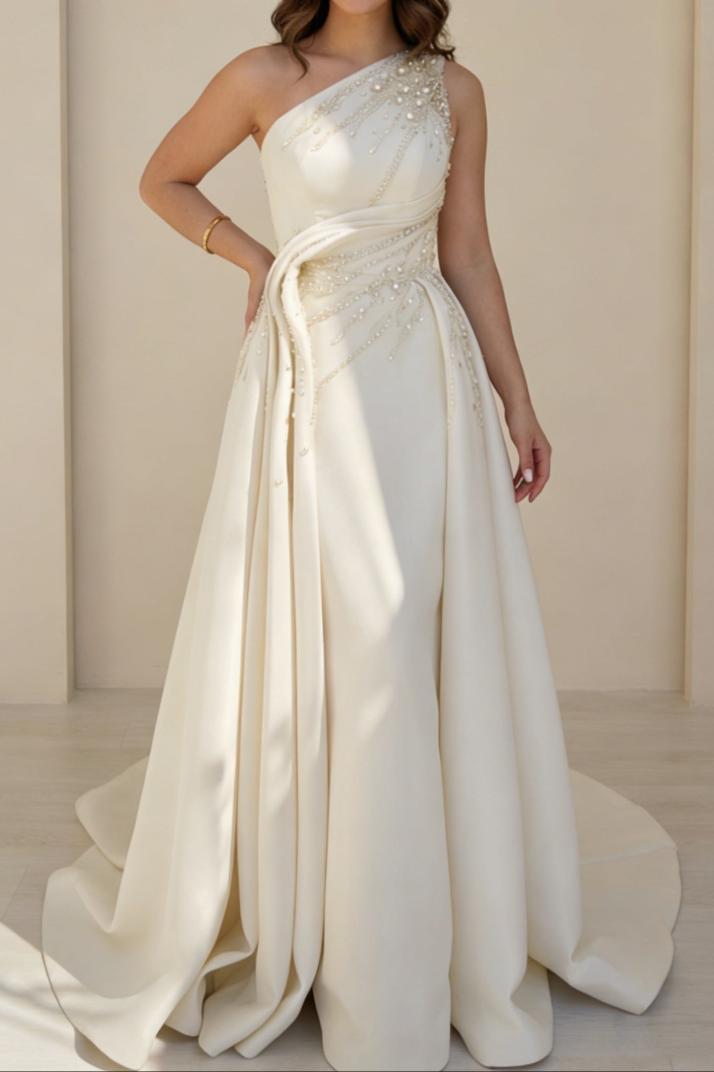 Asymmetrical-Neck Sleeveless Sequined Beaded Satin Pleated Train Mermaid Evening Dress