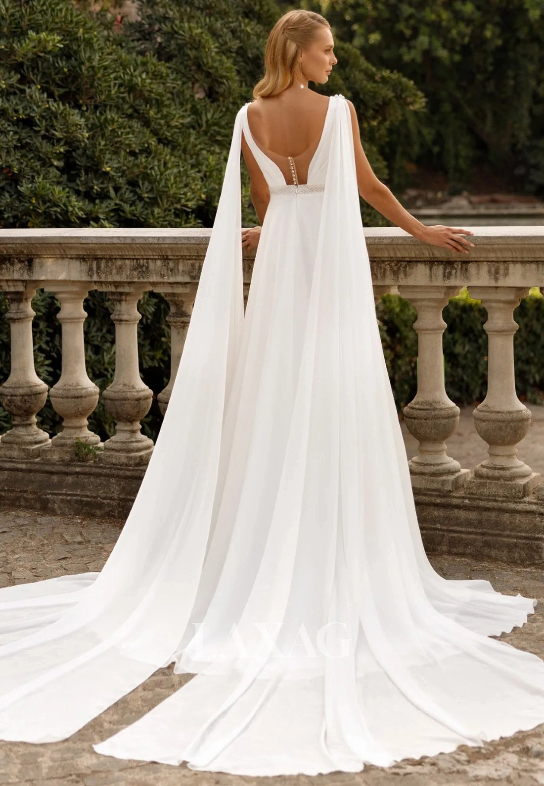 Simple Deep V-Neck Pleated Chiffon Bride Gowns Straps Sleeveless Sweep Train A-Line Wedding Dress