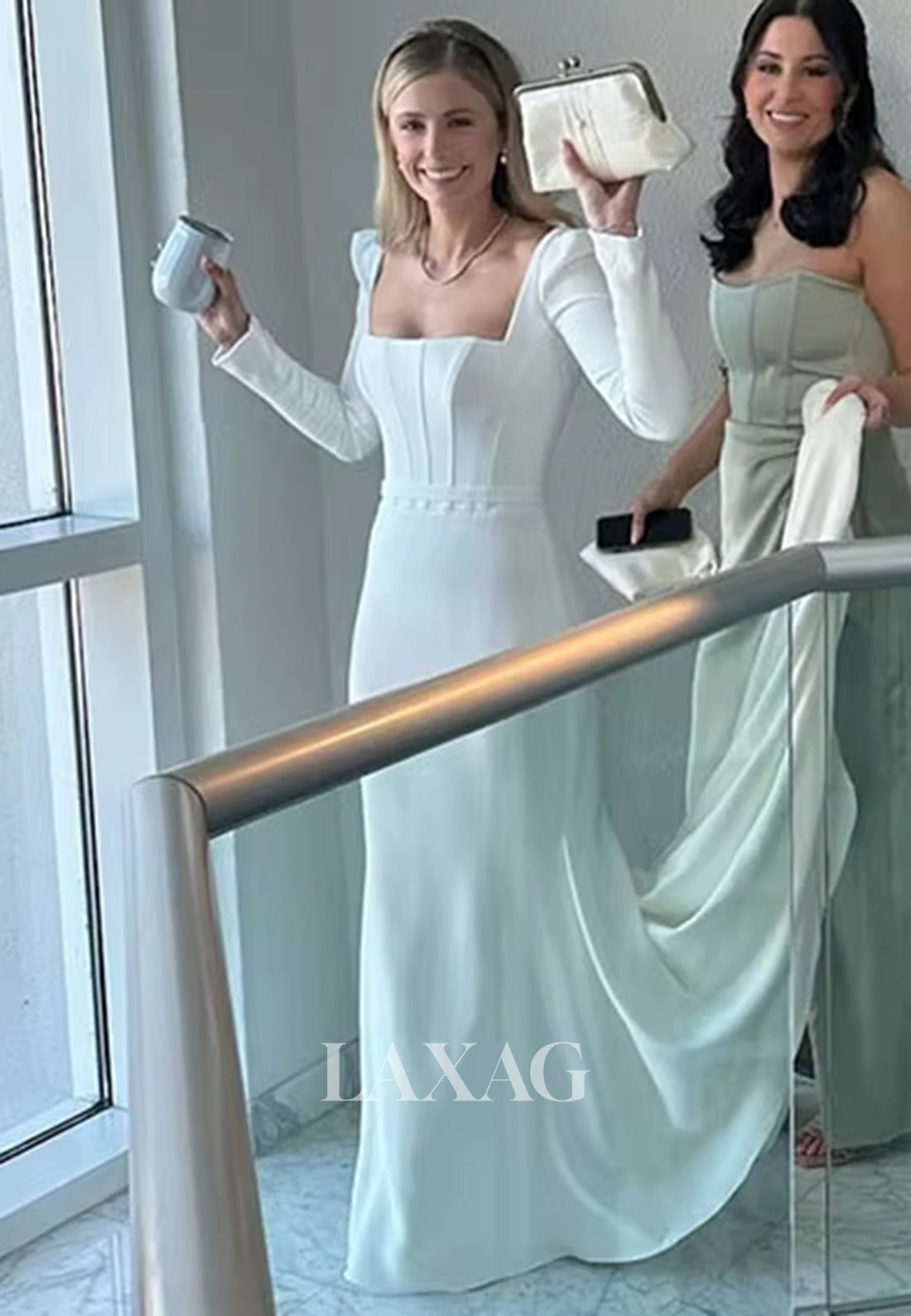 Square-Neck Long-Sleeves Mermaid Wedding Dress Simple Sweep Train Satin Bride Gowns