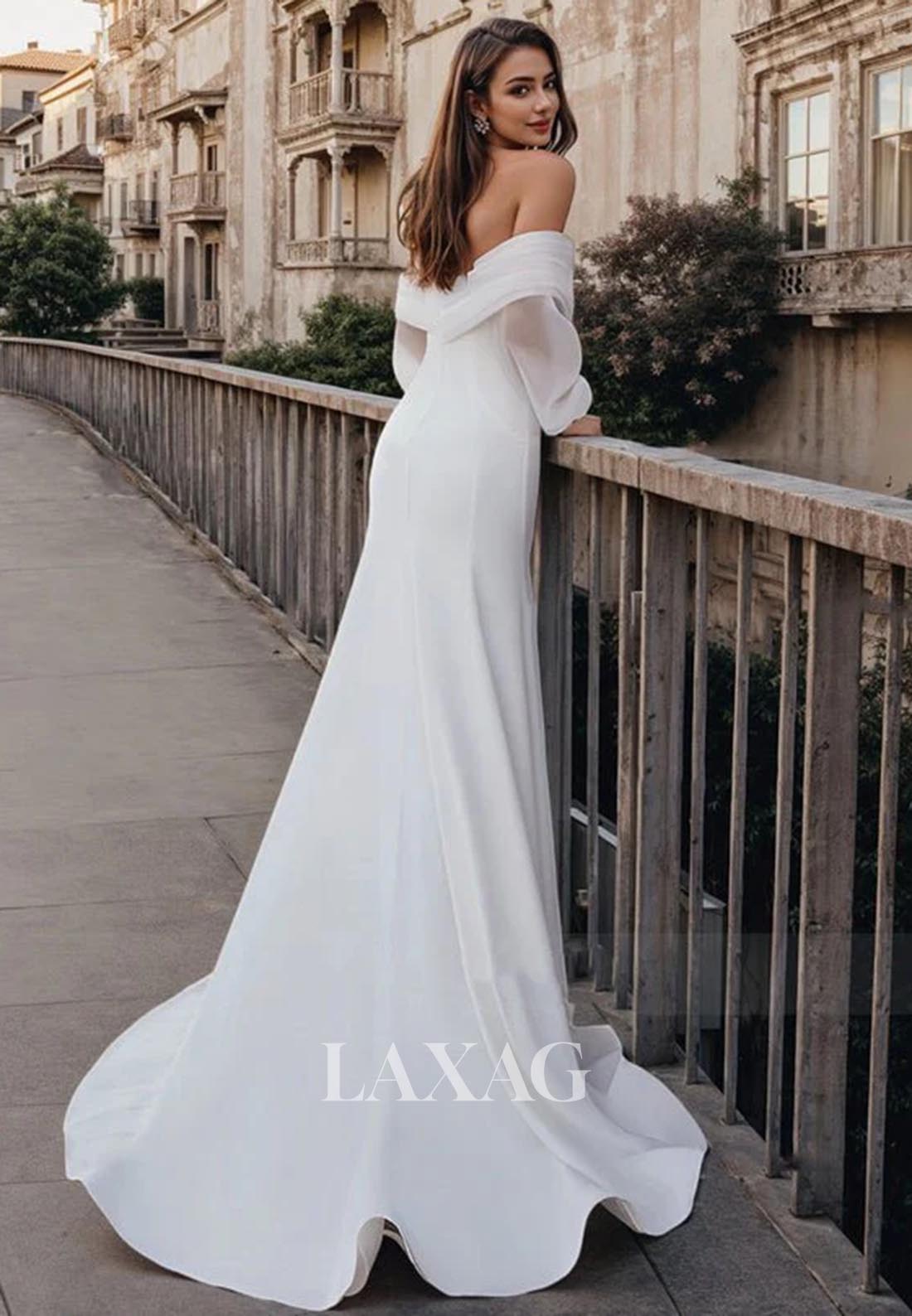 V-Neck Off-Shoulder Long-Sleeves Bride Gowns Pleated Chiffon Mermaid Wedding Dress