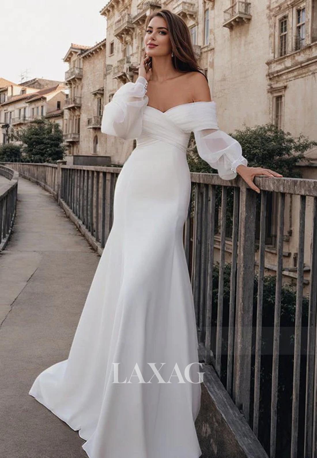 simple off the shoulder mermaid wedding dress Simple White Mermaid Off-the-Shoulder Boho Wedding Dress Diamond White / 12