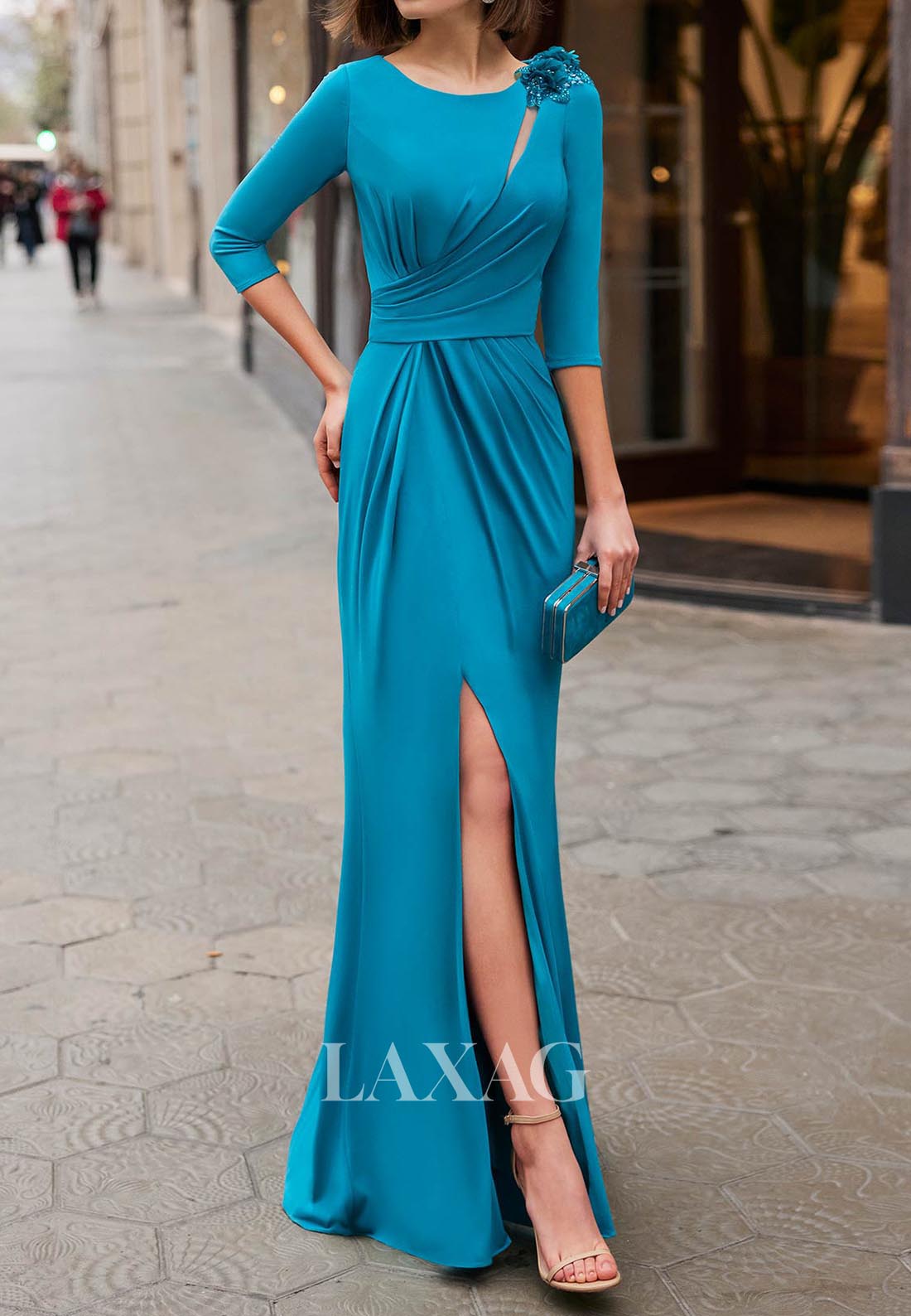 Scoop-Neck Half-Sleeves Beaded Floral Embellished Pleated Satin Mermai Laxag Scoop-Neck Half-Sleeves Beaded Floral Embellished Pleated Satin Mermai Laxag