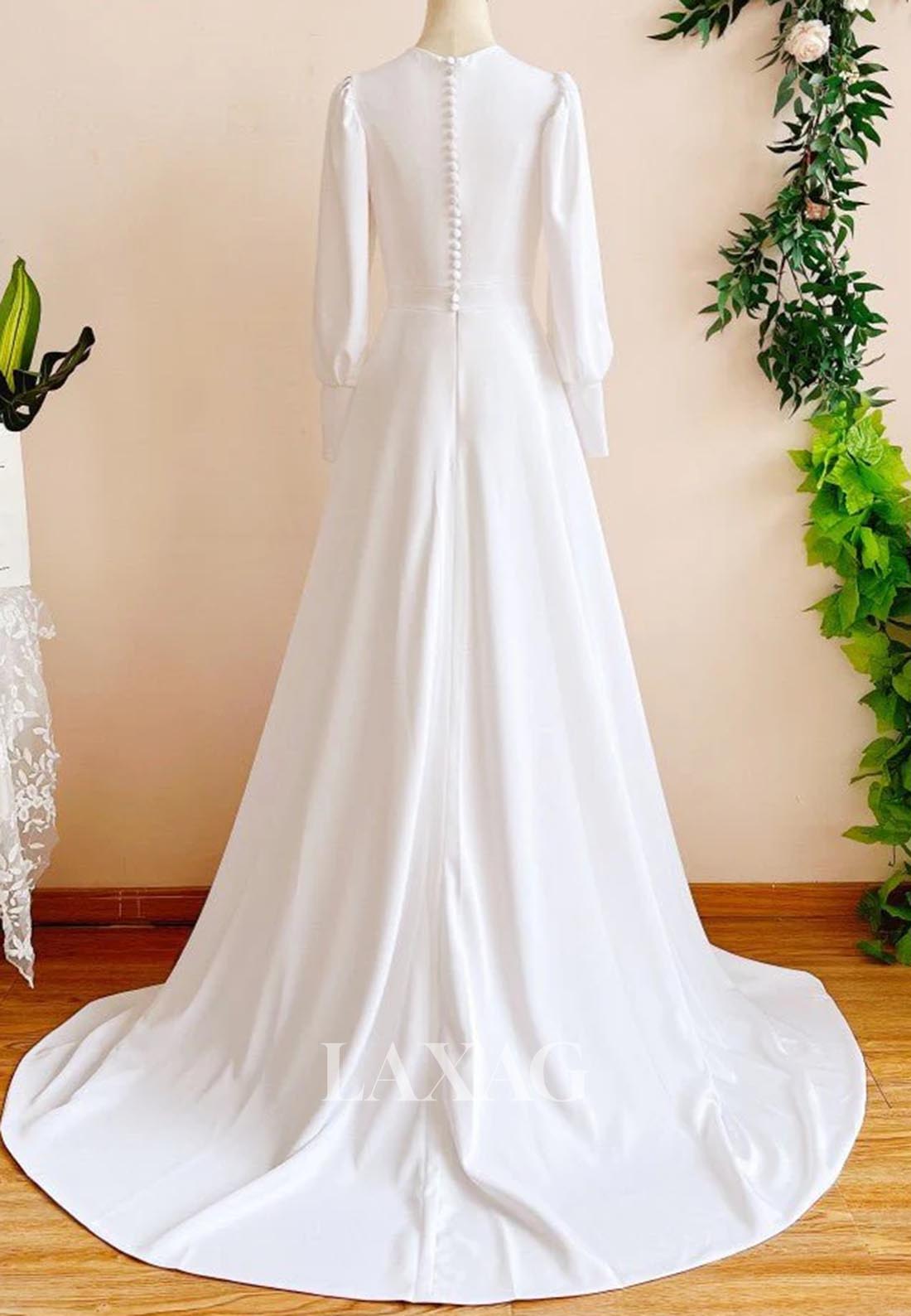 Simple Scoop-Neck Long-Sleeves Satin Bride Gowns Pleated Sweep Train A-Line Wedding Dress