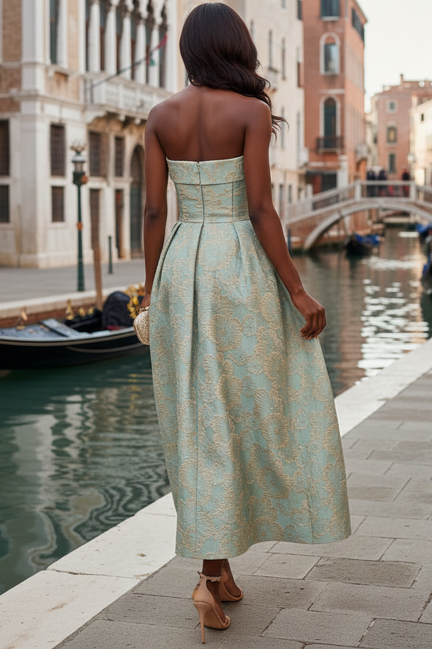 Off-Shoulder Tube Top Sleeveless Jacquard Satin Pleated Ankle-Length A-Line Evening Dress