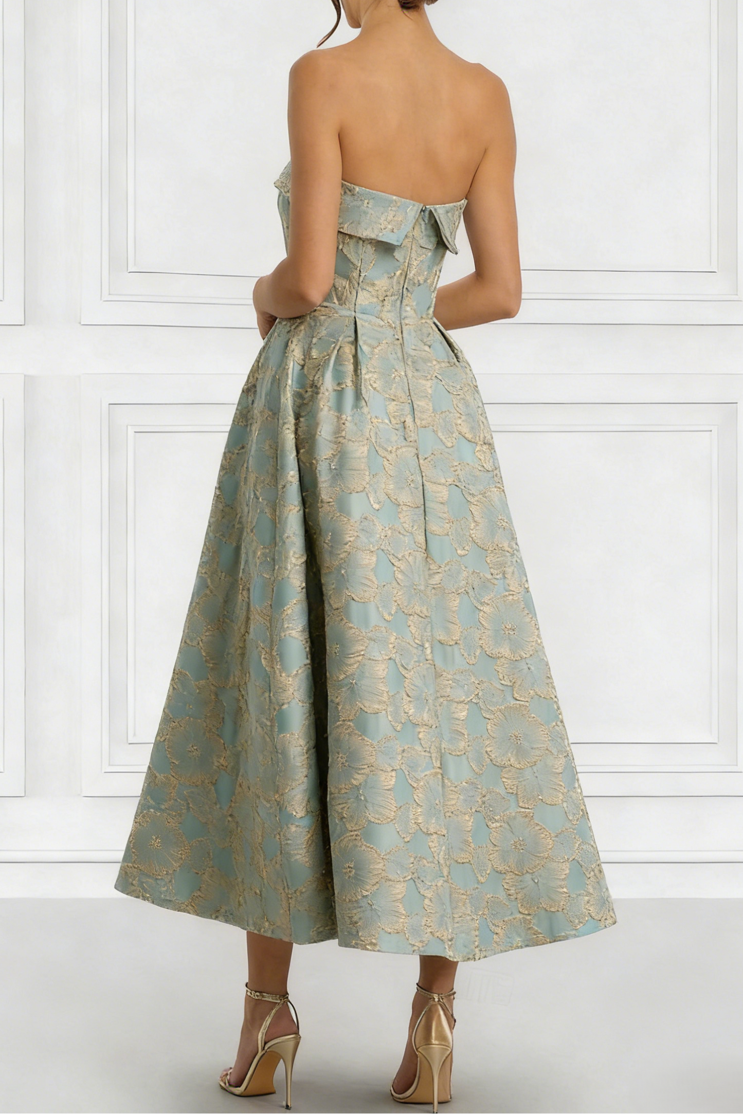 Off-Shoulder Tube Top Sleeveless Jacquard Satin Pleated Ankle-Length A-Line Evening Dress