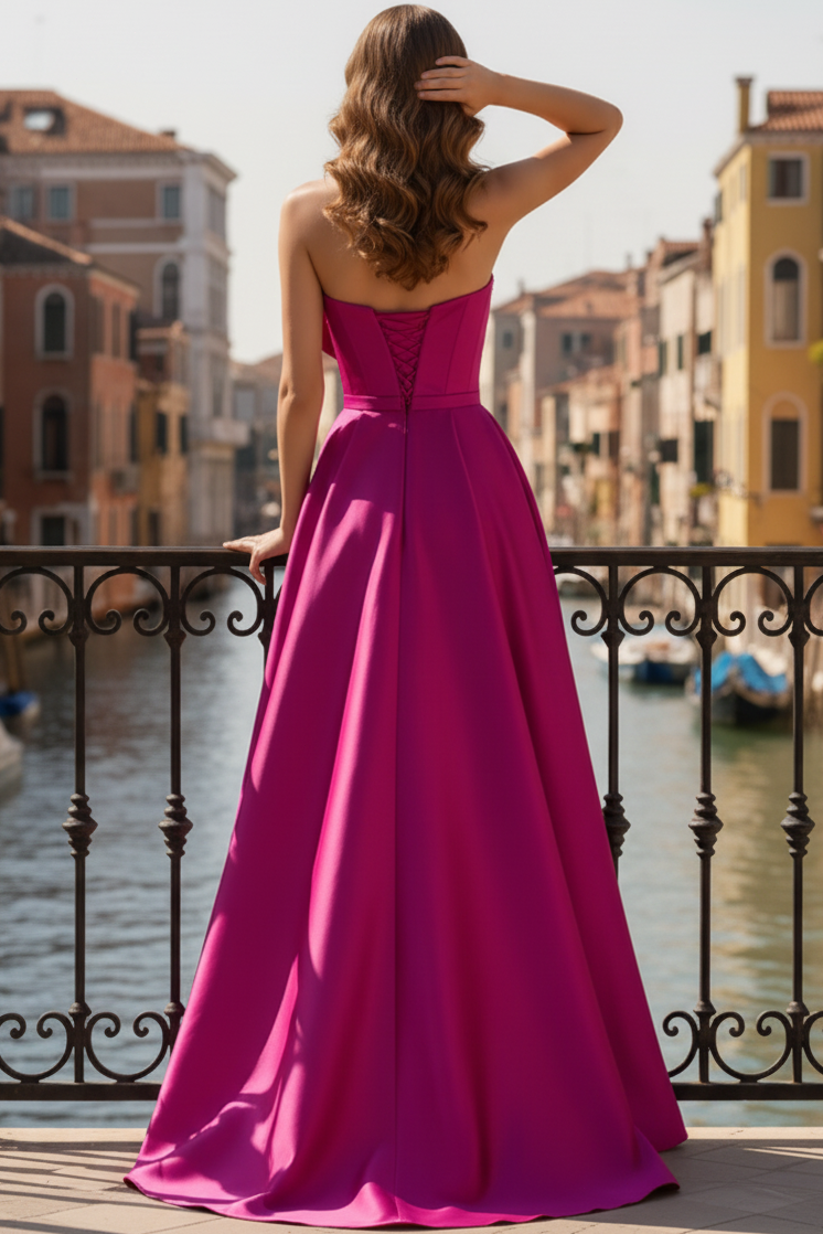 Asymmetrical-Neck Sleeveless Beaded Satin Floor-Length A-Line Evening Dress with High Slit
