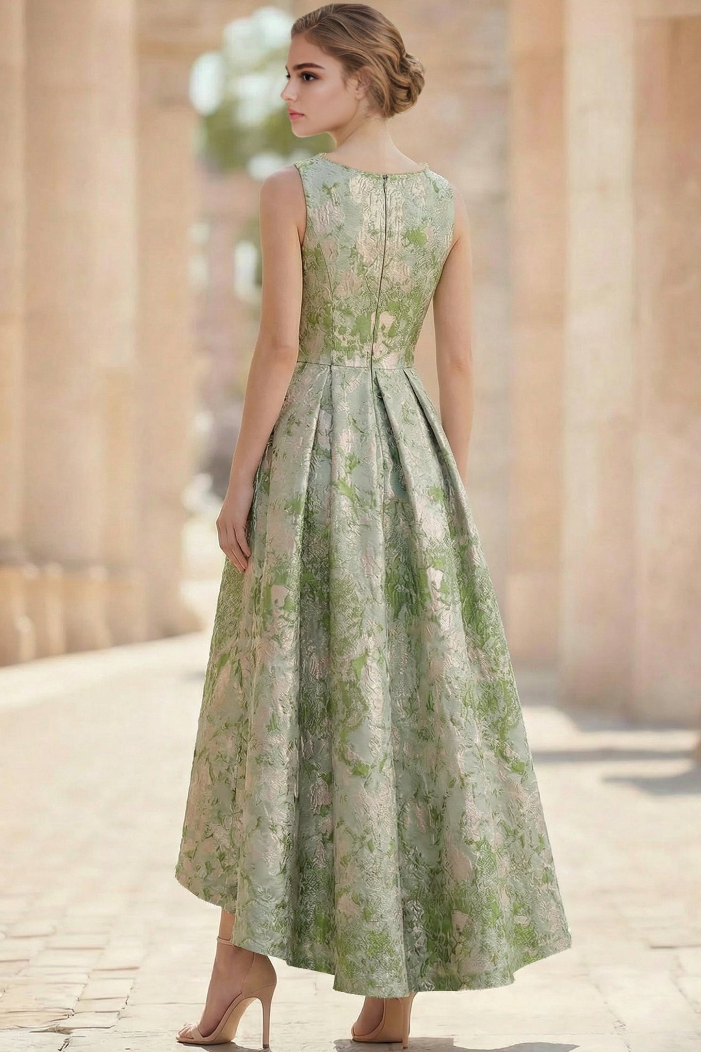 Scoop-Neck Straps Sleeveless Jacquard Satin Pleated Ankle-Length A-Line Evening Dress