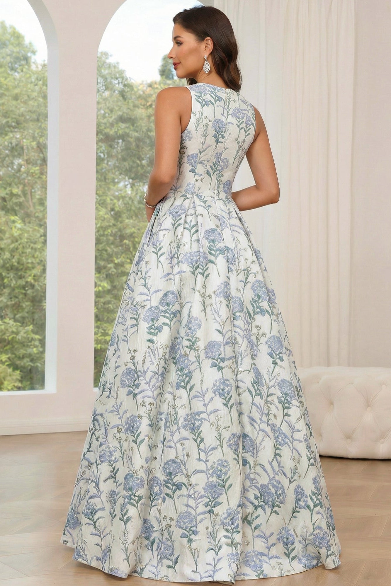 V-Neck Straps Sleeveless Jacquard Satin Pleated Floor-Length Slit A-Line Formal Prom Dress