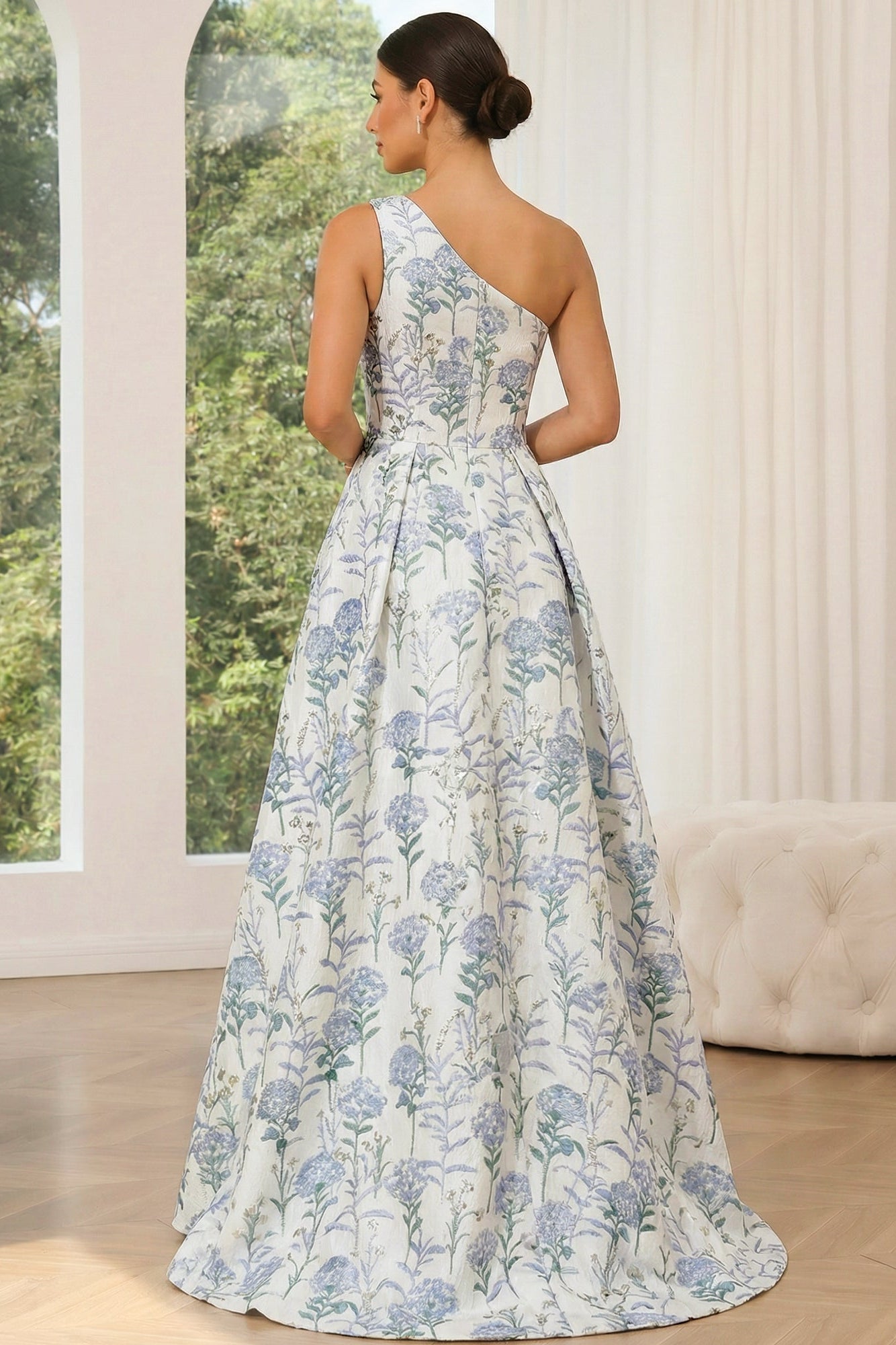 Asymmetrical-Neck One-Strap Sleeveless Jacquard Satin Pleated A-Line Formal Prom Dress