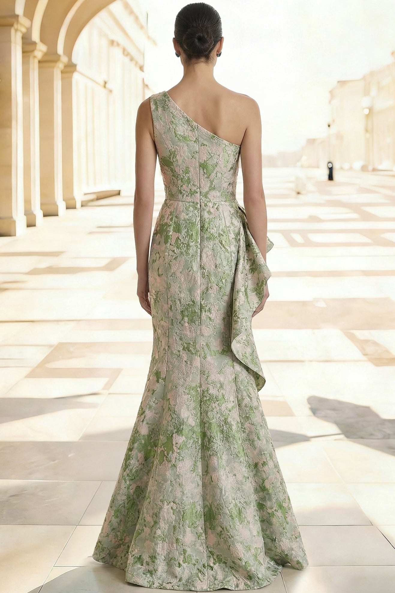 Floor-Length Asymmetrical-Neck Jacquard Ruffled Satin Pleated Mermaid Evening Dress