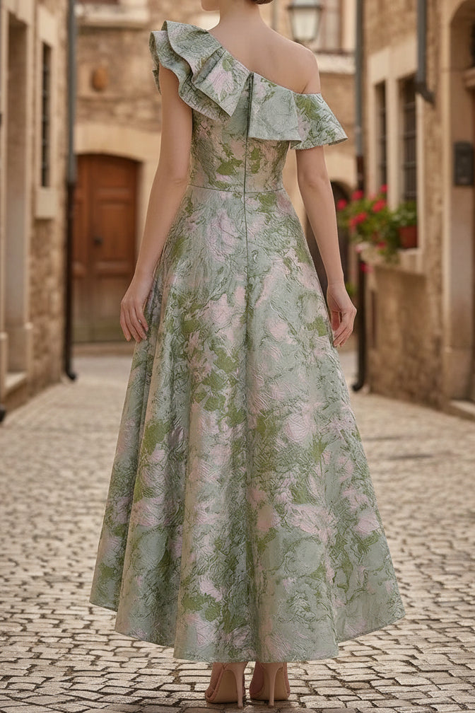 Asymmetrical-Neck Ruffled Jacquard Satin Pleated Ankle-Length A-Line Mother of the Bride Dress