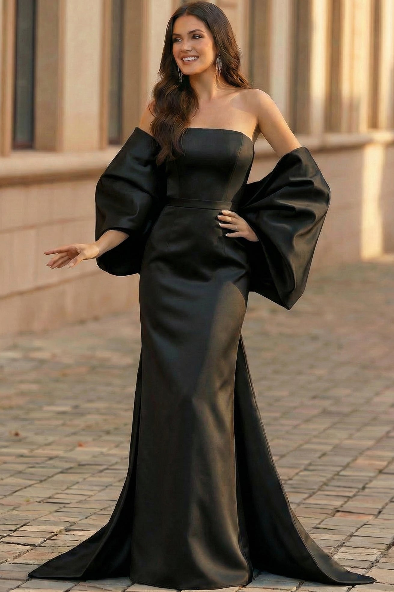 Tube Top Off-Shoulder Sleeveless Satin Floor-Length Mermaid Evening Dress with Big Bow