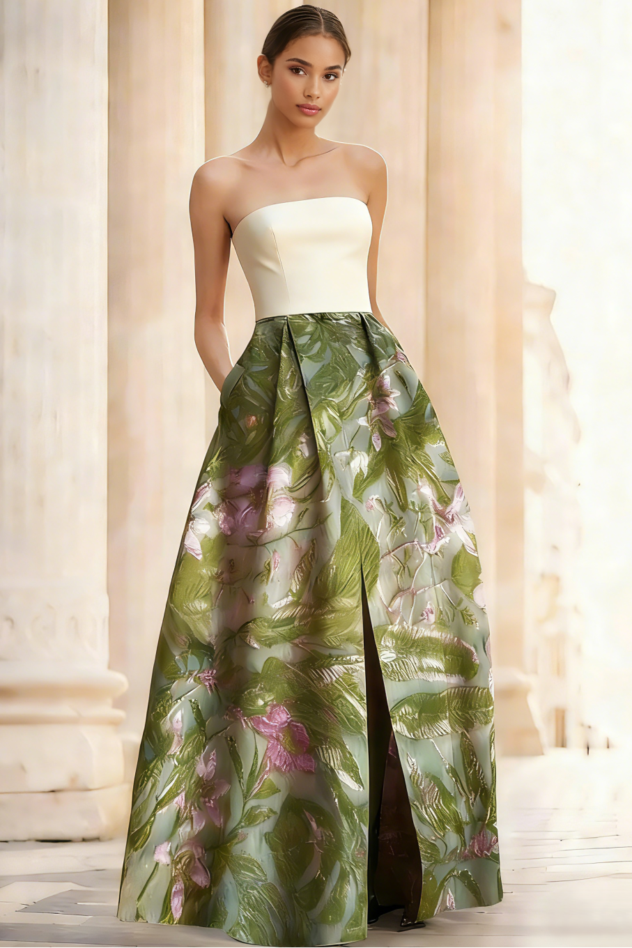 Tube Top Sleeveless Floor-Length Jacquard Satin Pleated A-Line Evening Dress with Slit