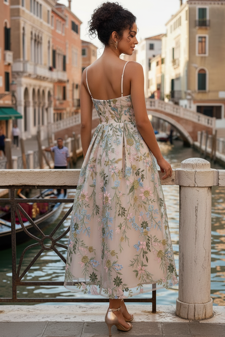 Tube Top Spaghetti Straps Jacquard Tulle Pleated Ankle-Length A-Line Cocktail Dress