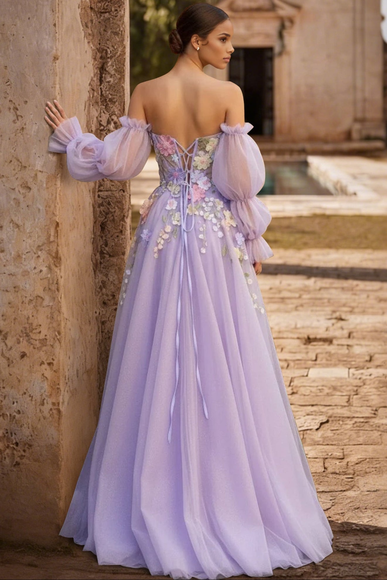 Sweetheart Long-Sleeves 3D-Floral Applique Tulle Pleated High Slit A-Line Prom Dress