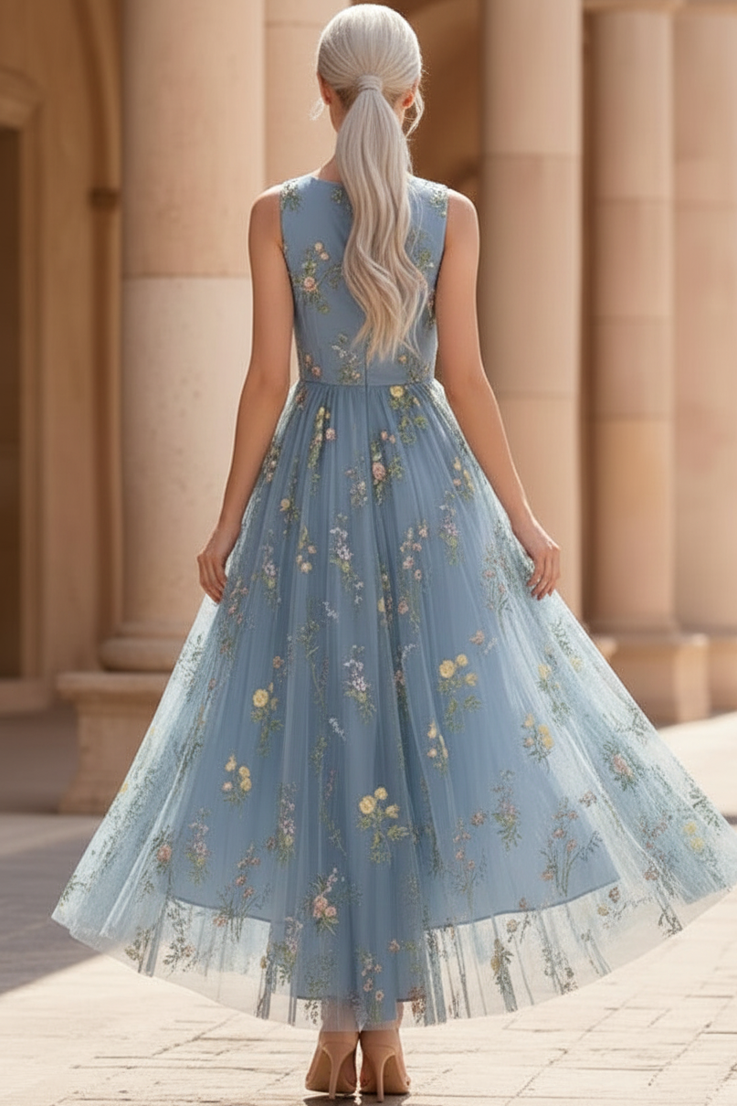 Scoop-Neck Sleeveless 3D-Floral Jacquard Tulle Pleated Ankle-Length High-Low A-Line Cocktail Dress