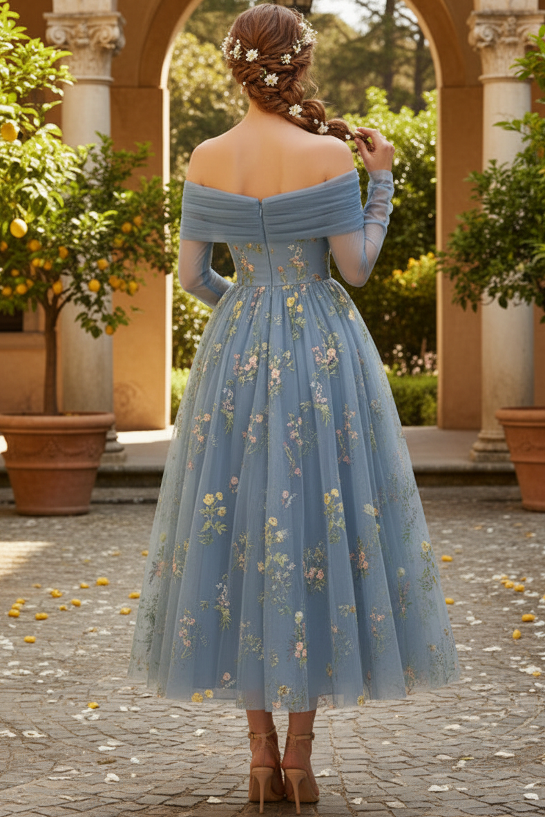 Bateau-Neck Long-Sleeves 3D-Floral Jacquard Tulle Pleated Ankle-Length A-Line Cocktail Dress