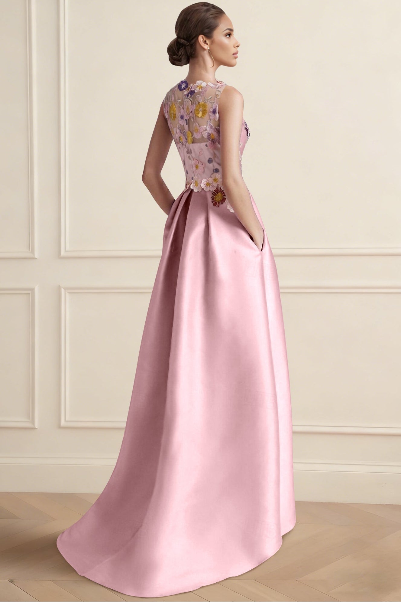 Off-Shoulder Scoop-Neck Floor-Length Jacquard Satin Pleated High-Low A-Line Evening Dress