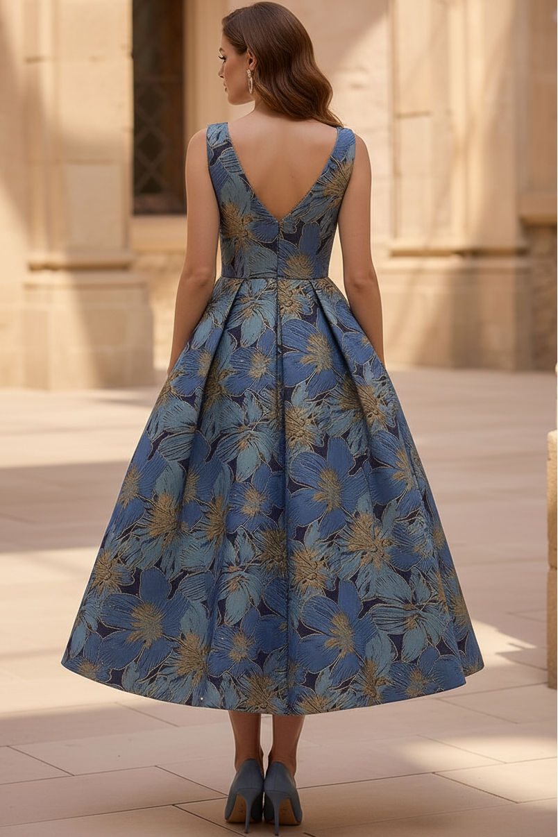 Deep V-Neck Straps Sleeveless Jacquard Satin Pleated Tea-Length A-Line Cocktail Dress