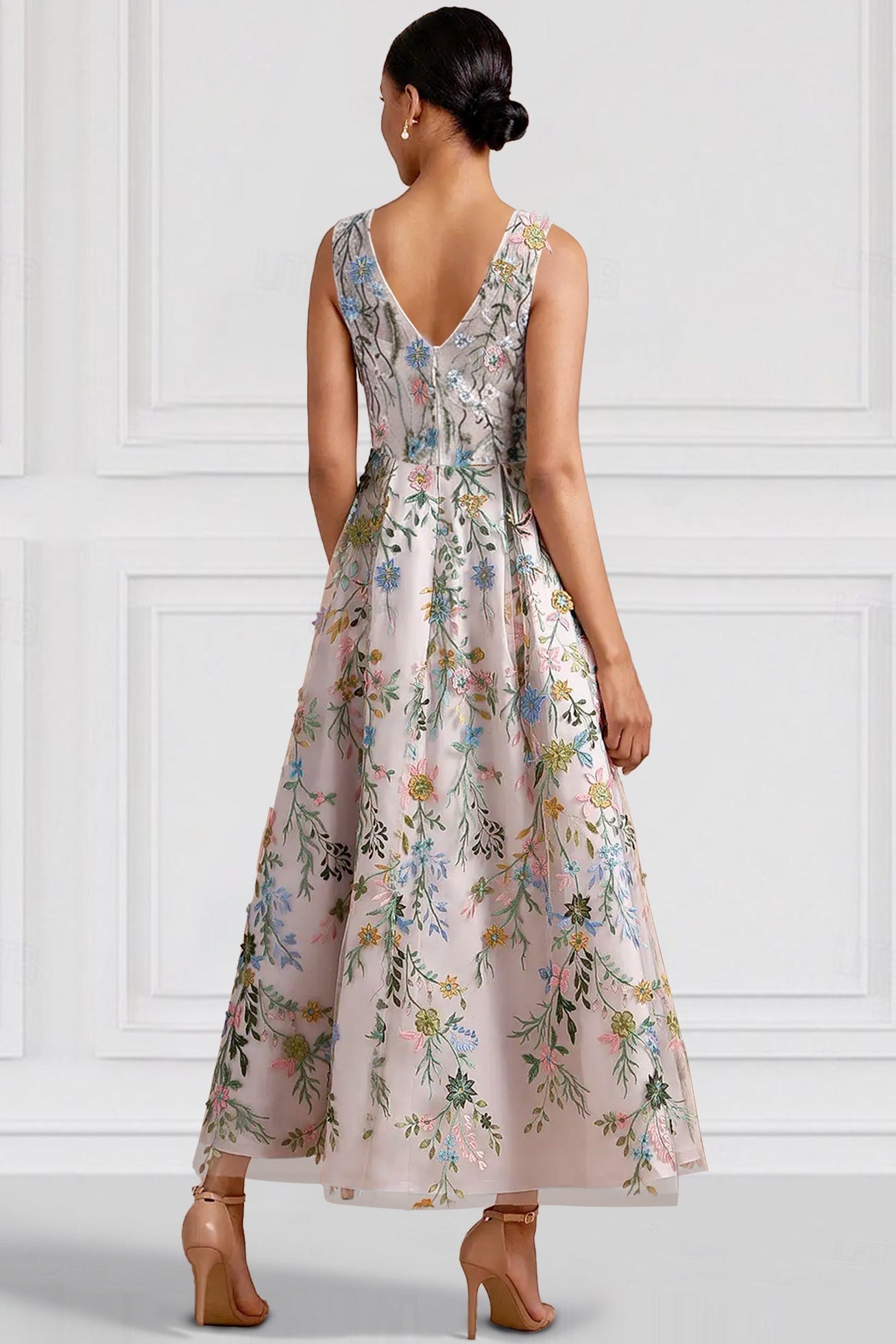 V-Neck Straps Sleeveless Applique Satin Pleated Ankle-Length A-Line Evening Dress