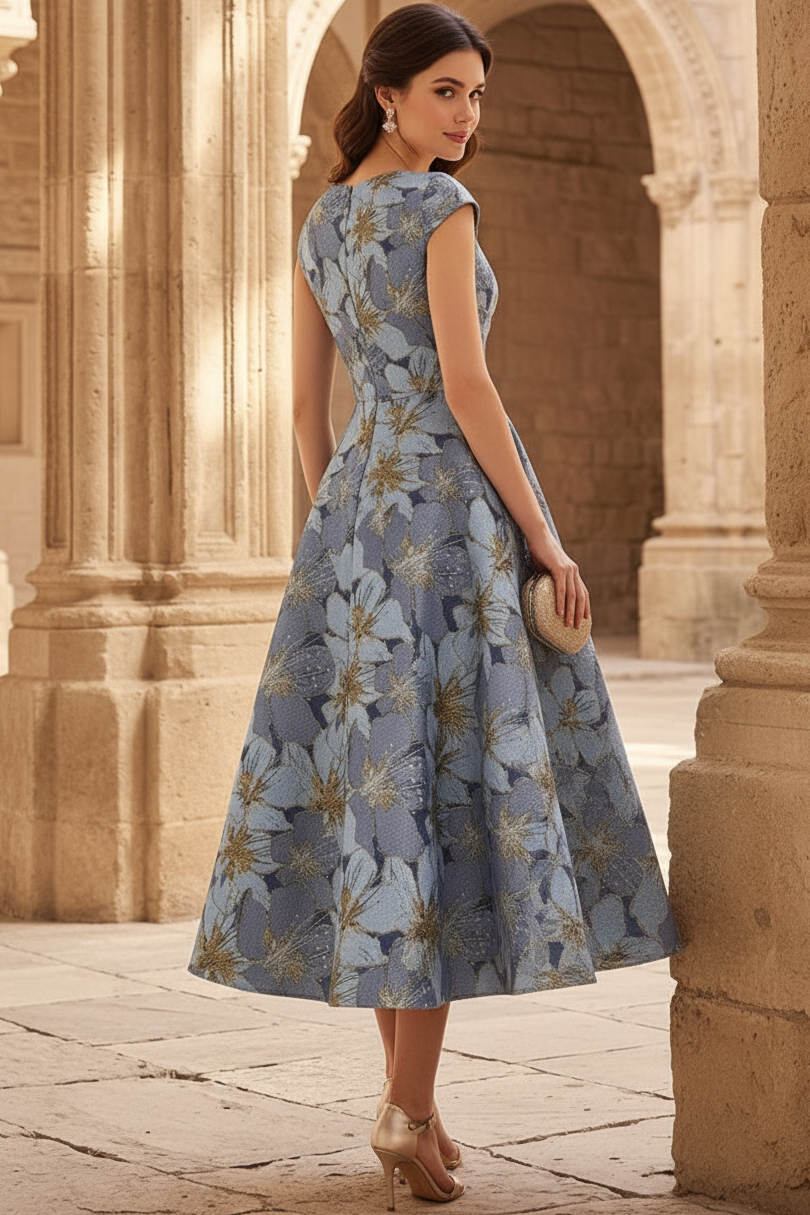 V-Neck Cap-Sleeves Jacquard Satin Pleated Tea-Length A-Line Cocktail Dress