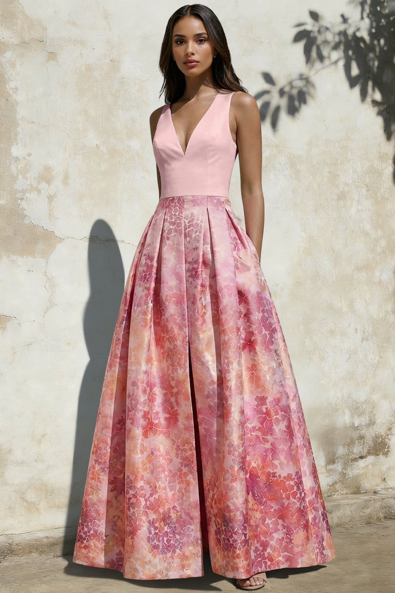 V-Neck Straps Sleeveless Floor-Length Jacquard Satin Pleated A-Line Evening Dress