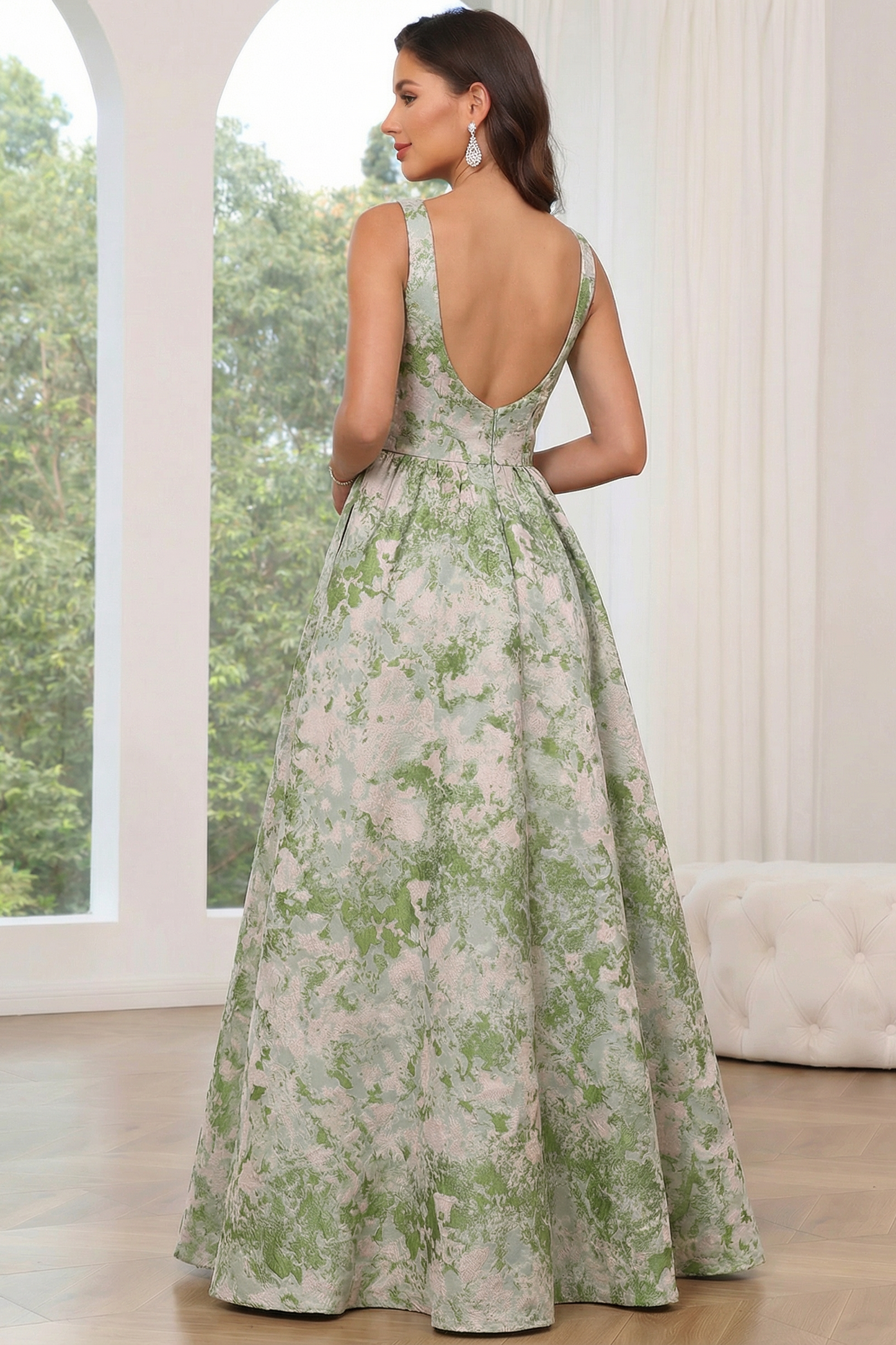 Square-Neck Straps Sleeveless Floor-Length Jacquard Satin Pleated A-Line Formal Prom Dress