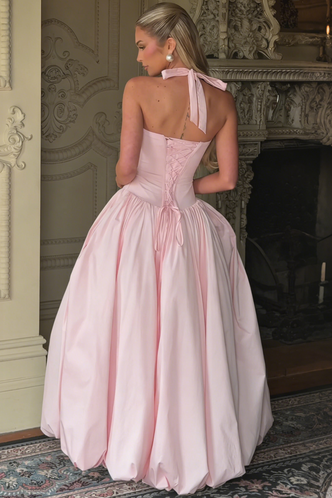Halter-Neck Off-Shoulder Sleeveless Floor-Length Satin Pleated High Slit A-Line Prom Dress