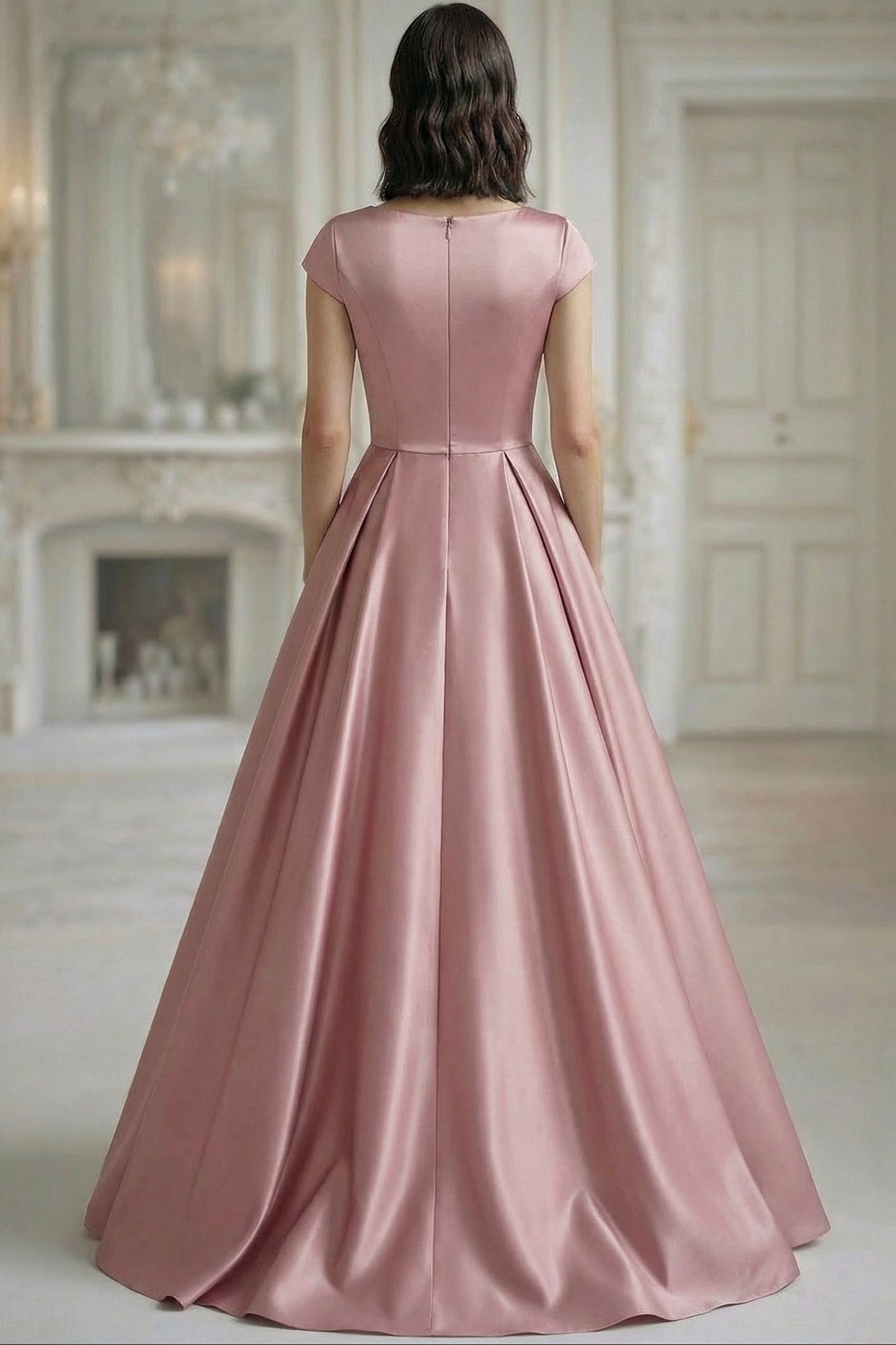 Asymmetrical-Neck Cap-Sleeves 3D-Floral Satin Pleated High-Low A-Line Evening Dress