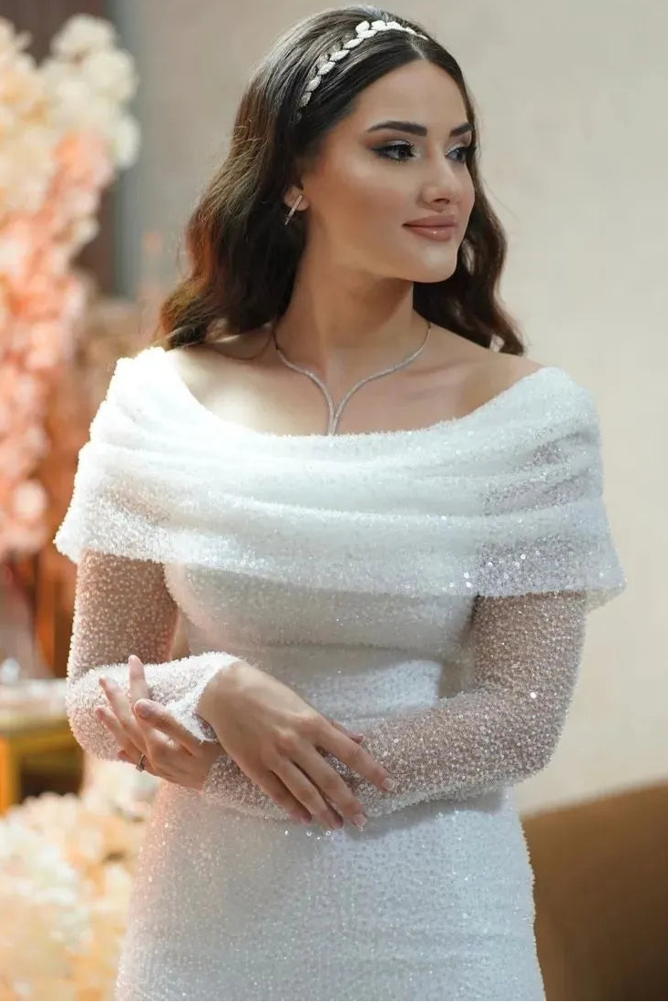 Bateau-Neck Long-Sleeves Fully Sequined Beaded Tulle Sheer Train Mermaid Wedding Dress