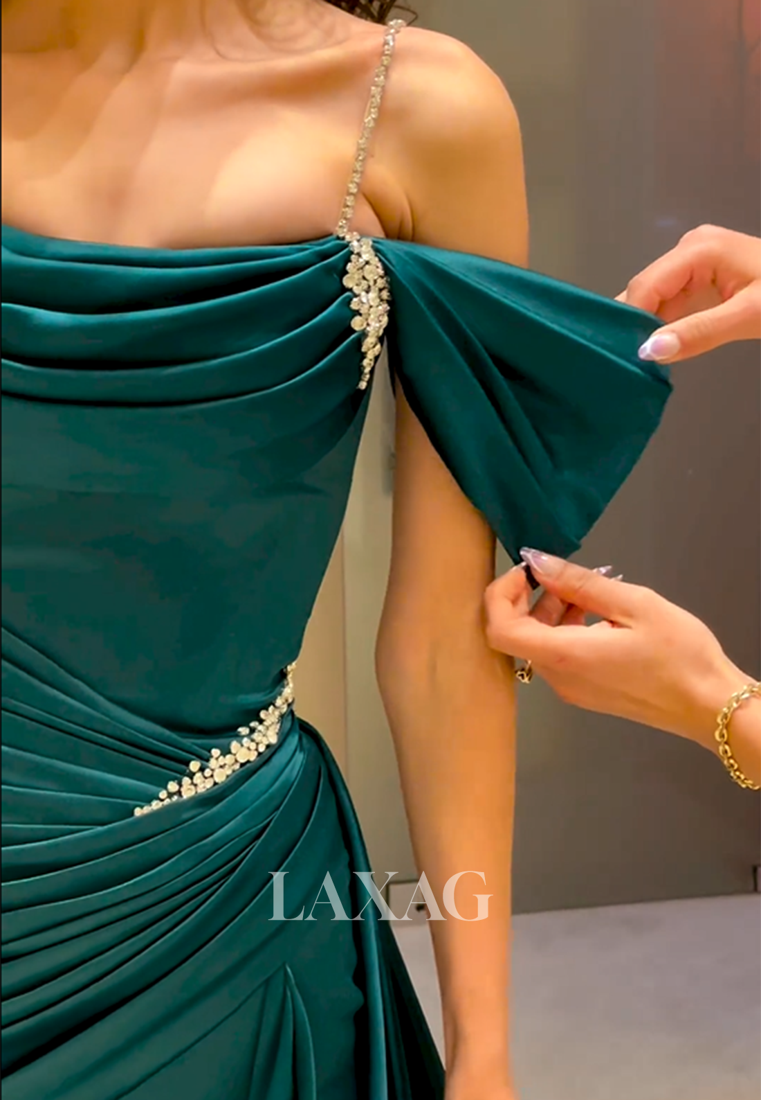 Off-Shoulder Beaded Draped Sleek Satin High Slit Prom Dress with Train