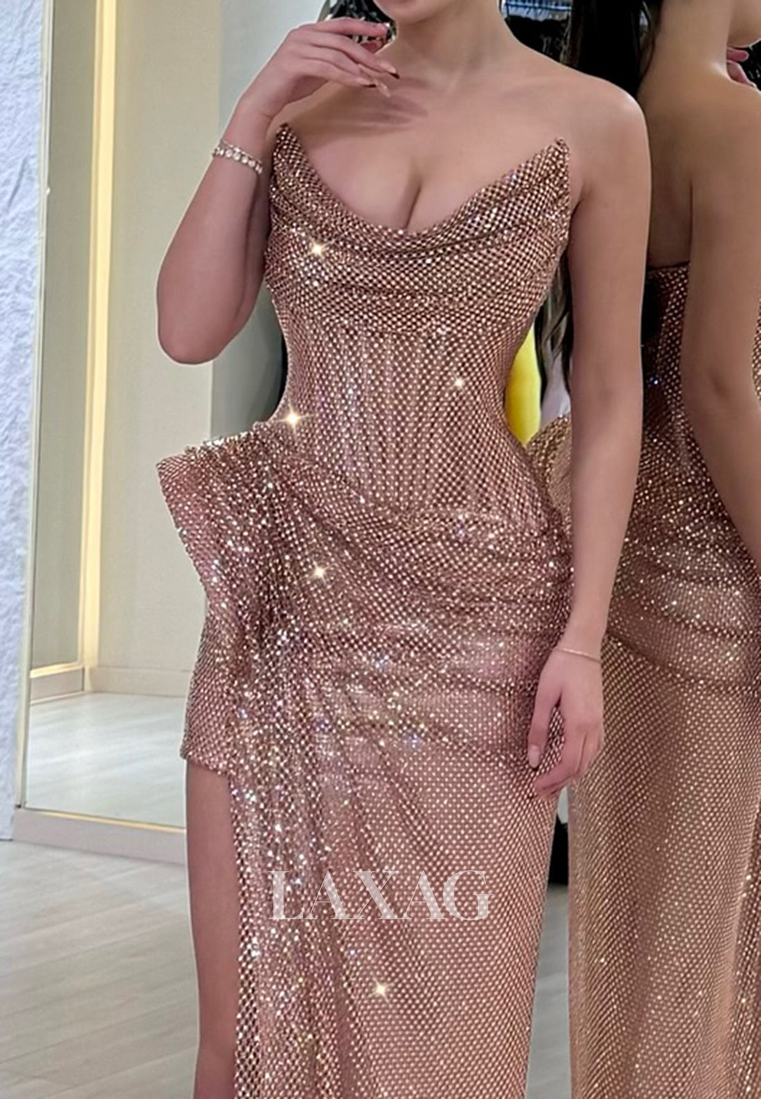 Sleeveless Pleated Glitter-Knit Formal Gowns Scoop-Neck Off-Shoulder High Slit Evening Dress